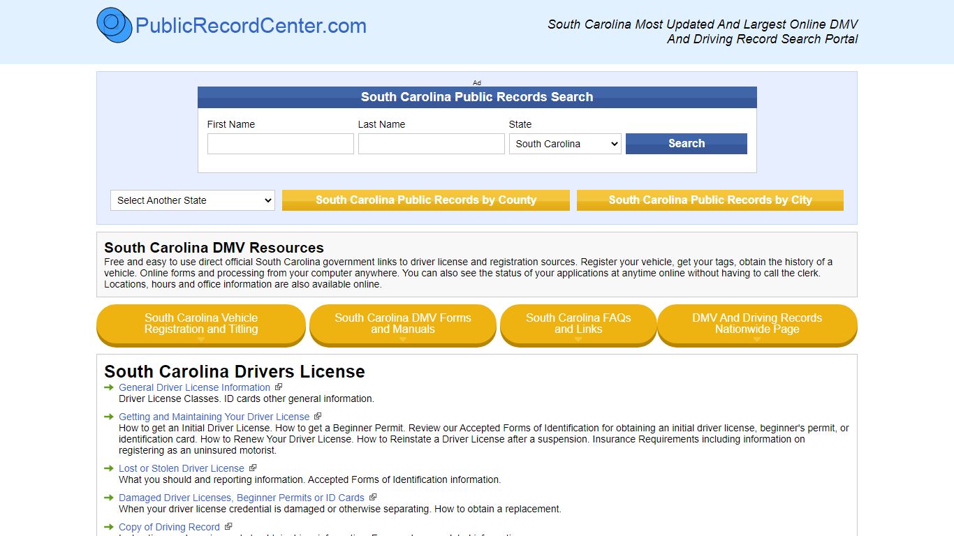 South Carolina DMV Resources - Public record center