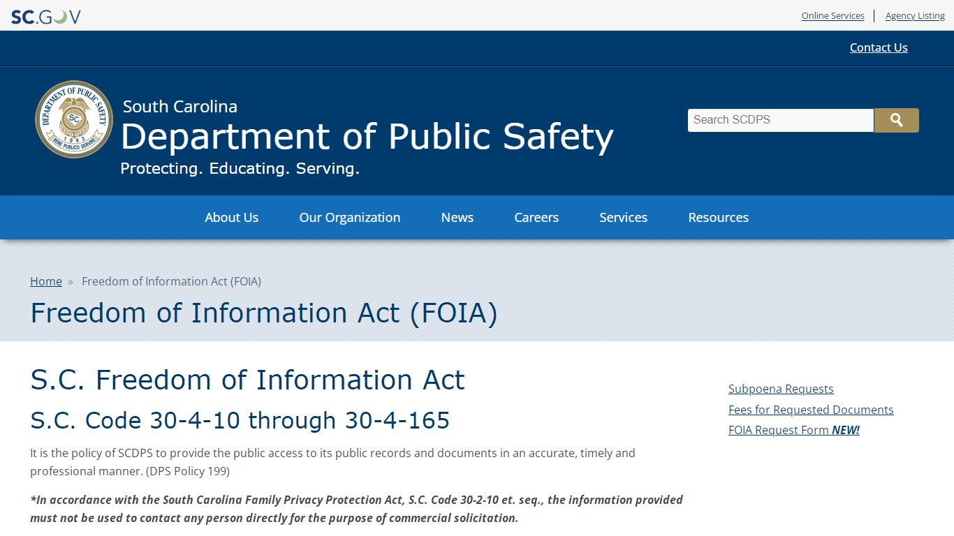 Freedom of Information Act (FOIA) | SCDPS - South Carolina