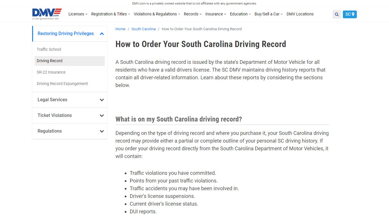 South Carolina Driving Records Guide | DMV.com